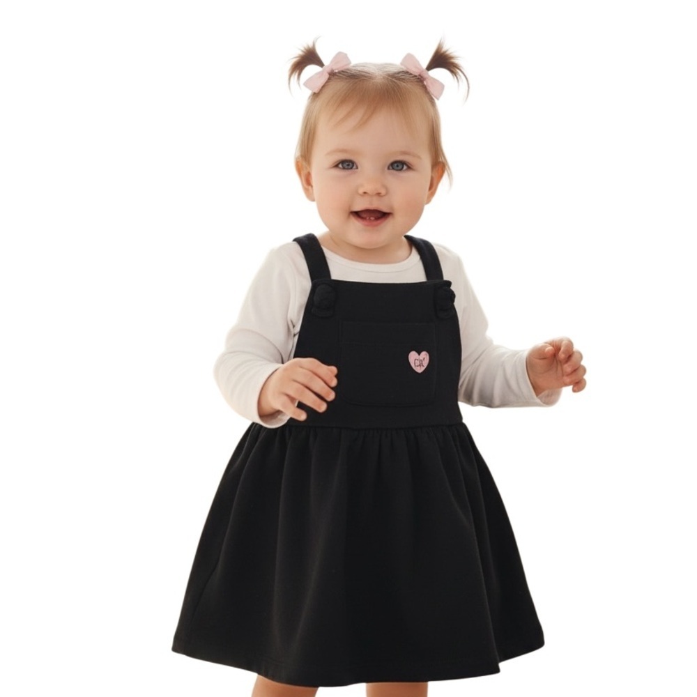 Calvin Klein Girls' Black Overall Dress with Pink Heart Patch Size 24 Months